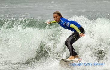 Close up of Chelsea Tuach surfing a a surf contest